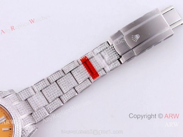 Swiss Quality Iced Out Rolex Oyster Perpetual 41 Wrist Yellow Dial Full Diamond Case Swiss Quality Iced Out Rolex Oyster Perpetual 41 Wrist Yellow Dial Full Diamond Case