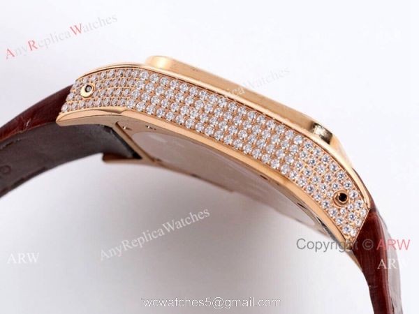 Iced Out Cartier Santos Diamond Watch Automatic Brown Leather Strap Iced Out Cartier Santos Diamond Watch Automatic Brown Leather Strap