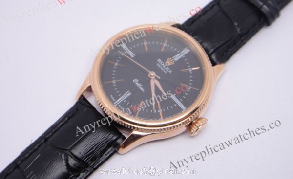 Rolex Geneve Cellini Time Watch Replica Rose Gold Black Face Black Leather Rolex Geneve Cellini Time Watch Replica Rose Gold Black Face Black Leather