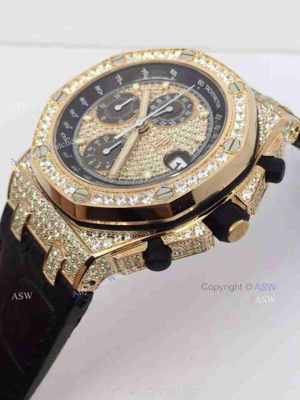 Replica Audemars Piguet Watch Rose Gold Case diamond dial diamond bezel Black Leather Replica Audemars Piguet Watch Rose Gold Case diamond dial diamond bezel Black Leather