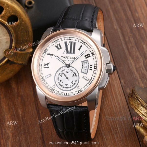 Replica Cartier Calibre de Cartier Men Watches SS Black Leather Strap Replica Cartier Calibre de Cartier Men Watches SS Black Leather Strap