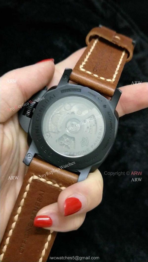 Clone Panerai Luminor GMT PAM 320 Black Steel Watch with Brown Leather Strap Clone Panerai Luminor GMT PAM 320 Black Steel Watch with Brown Leather Strap