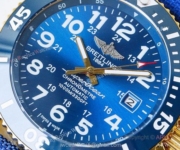 Swiss Breitling Superocean II Mens Watch Yellow Gold Blue Ceramic Bezel Swiss Breitling Superocean II Mens Watch Yellow Gold Blue Ceramic Bezel