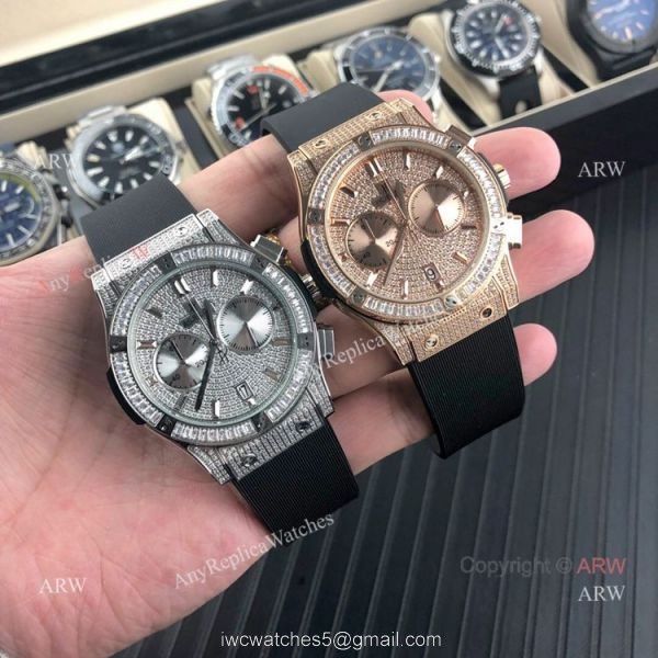 Iced Out Hublot Knock off Watches Classic Fusion SS Black Rubber Strap Iced Out Hublot Knock off Watches Classic Fusion SS Black Rubber Strap