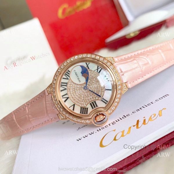 Ballon Bleu de Cartier 36mm Replica Watches Gold Diamond Green Leather Band Ballon Bleu de Cartier 36mm Replica Watches Gold Diamond Green Leather Band