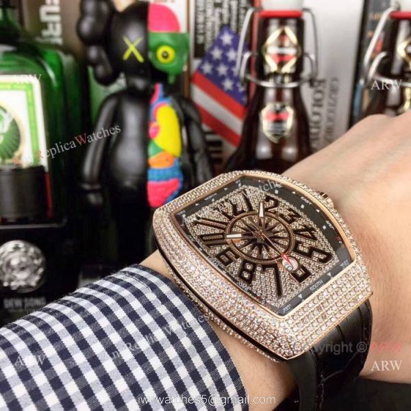 Swiss Quality Franck Muller Vanguard Yachting v45 Watch Rose Gold Diamond Blue Gummy strap Swiss Quality Franck Muller Vanguard Yachting v45 Watch Rose Gold Diamond Blue Gummy strap
