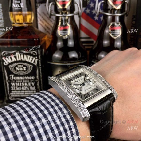 New Copy Cartier Tank Francaise watch SS Diamond Black Leather Band New Copy Cartier Tank Francaise watch SS Diamond Black Leather Band