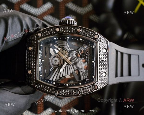 Limited Richard Mille Eagle Copy Watch With Silver Diamonds Black Rubber Band For Men Limited Richard Mille Eagle Copy Watch With Silver Diamonds Black Rubber Band For Men