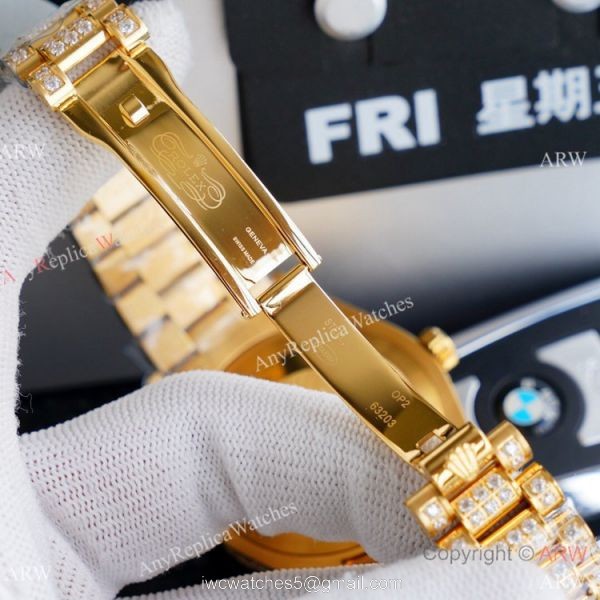 Replica Rolex Day Date II Watches Gold Iced Out Diamond Silver Dial Replica Rolex Day Date II Watches Gold Iced Out Diamond Silver Dial