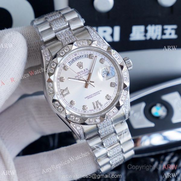High Quality Replica Rolex Day Date II Iced Out Silver Dial Watches 41mm High Quality Replica Rolex Day Date II Iced Out Silver Dial Watches 41mm