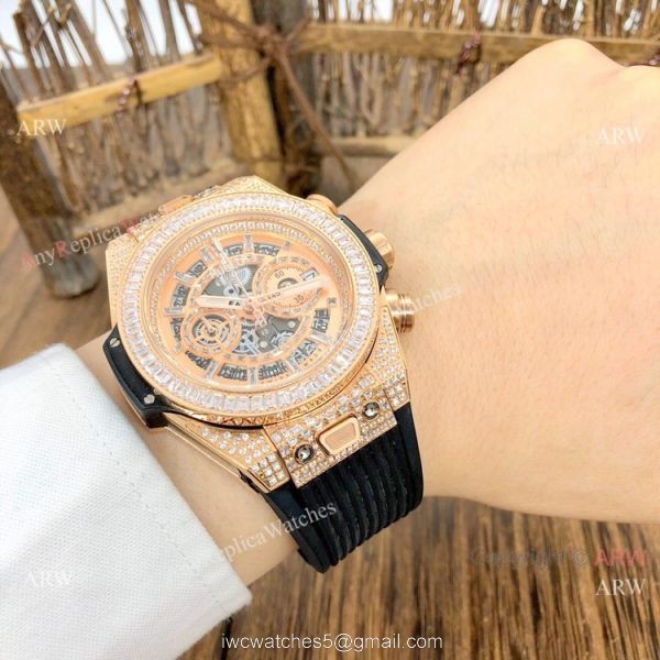 Top Grade Hublot Big Bang Unico Sapphire Watch Rose Gold Iced Out Bracelet Top Grade Hublot Big Bang Unico Sapphire Watch Rose Gold Iced Out Bracelet