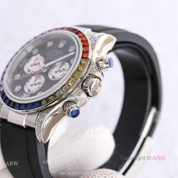 Swiss Replica Rolex Rainbow Daytona Black Face With Diamonds Oysterflex Strap Watch Swiss Replica Rolex Rainbow Daytona Black Face With Diamonds Oysterflex Strap Watch