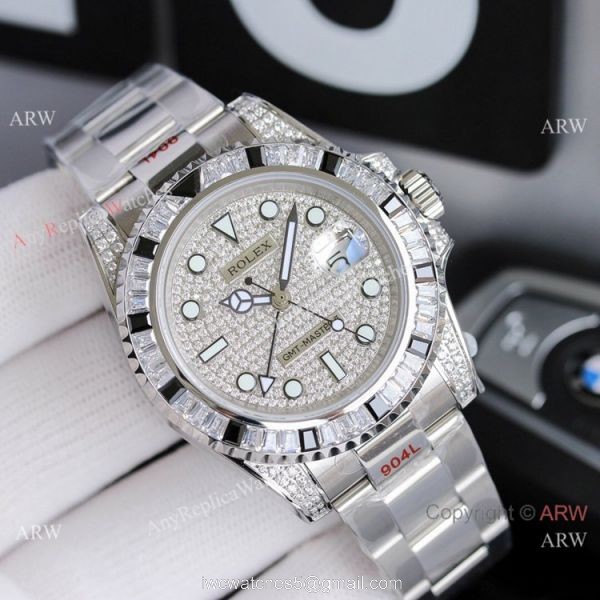 JH Factory Copy Rolex GMT-Master II Watch BlackWhite Diamond Bezel Stainless Steel JH Factory Copy Rolex GMT-Master II Watch BlackWhite Diamond Bezel Stainless Steel