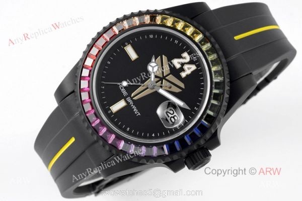 Swiss Replica Blaken Rolex Kobe Watch With Rainbow Diamond Bezel Rubber Strap Watch Swiss Replica Blaken Rolex Kobe Watch With Rainbow Diamond Bezel Rubber Strap Watch