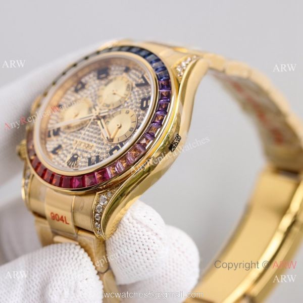 2021 NEW! Swiss Rolex Daytona JH 7750 Watch Rainbow Bezel Arabic Diamond Dial Yellow Gold 2021 NEW! Swiss Rolex Daytona JH 7750 Watch Rainbow Bezel Arabic Diamond Dial Yellow Gold