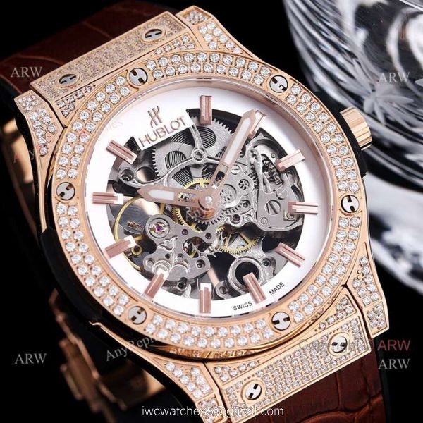 45mm Hublot Big Bang Rose Gold Skeleton Watch With Diamonds For Mens Replica 45mm Hublot Big Bang Rose Gold Skeleton Watch With Diamonds For Mens Replica