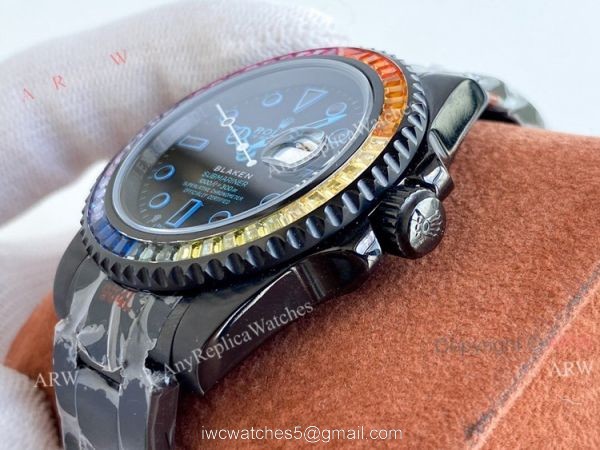 All Black Rolex Blaken Submariner Rainbow Diamond Bezel Blue Markers Swiss Grade Replica Watch All Black Rolex Blaken Submariner Rainbow Diamond Bezel Blue Markers Swiss Grade Replica Watch
