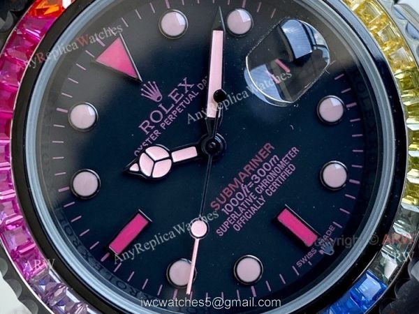 Replica Blaken Rolex Submariner Pink Markers Watch 40mm Rainbow Diamond Bezel Swiss Made Replica Blaken Rolex Submariner Pink Markers Watch 40mm Rainbow Diamond Bezel Swiss Made