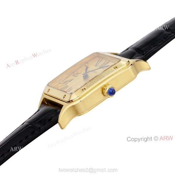 TWF Yellow Gold Cartier Santos-Dumont Gold Face Black Leather Strap Copy Watch For Men And Women TWF Yellow Gold Cartier Santos-Dumont Gold Face Black Leather Strap Copy Watch For Men And Women