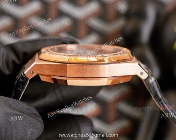 High End Replica Audemars Piguet Royal Oak Rose Gold Grey Dial Automatic Watch With Diamonds Black Leather Strap High End Replica Audemars Piguet Royal Oak Rose Gold Grey Dial Automatic Watch With Diamonds Black Leather Strap