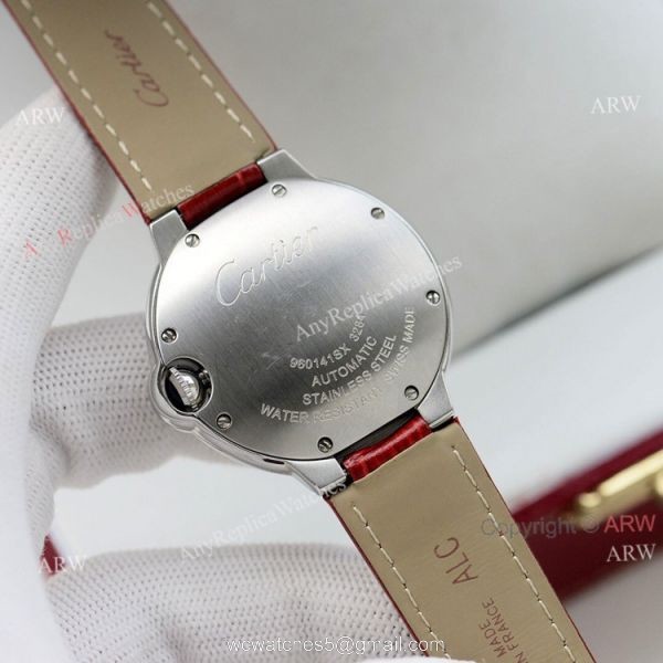 Swiss Quality 36mm Cartier Ballon Bleu Ladies Replica Watch With Diamond Bezel Brown Leather Strap Swiss Quality 36mm Cartier Ballon Bleu Ladies Replica Watch With Diamond Bezel Brown Leather Strap