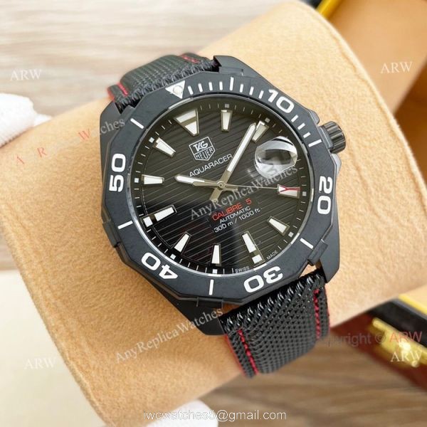 Tag Heuer Aquaracer Calibre 5 White Face 44 Replica Watch Black Steel Black Leather Strap Tag Heuer Aquaracer Calibre 5 White Face 44 Replica Watch Black Steel Black Leather Strap