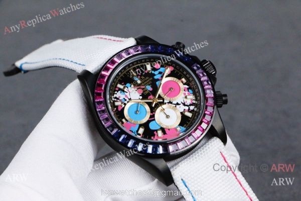Rolex Daytona Rainbow Replica Watch Graffiti Dial White Leather Strap Rolex Daytona Rainbow Replica Watch Graffiti Dial White Leather Strap