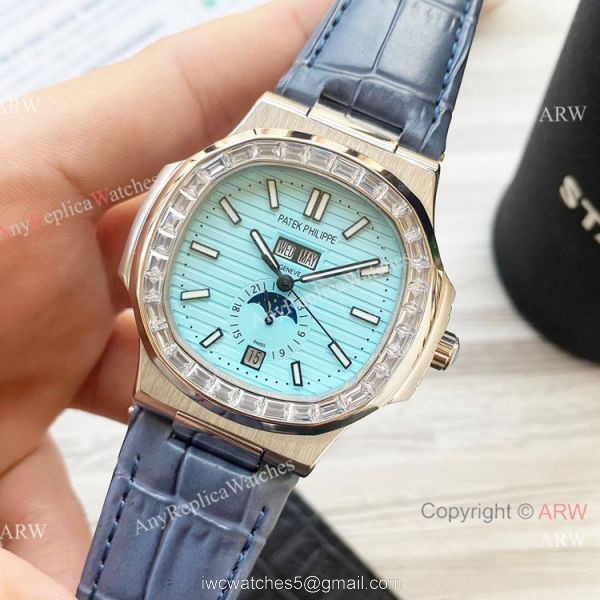 New Clone Patek Philippe Nautilus Annual Calendar Watch Baby Blue Face with Diamonds New Clone Patek Philippe Nautilus Annual Calendar Watch Baby Blue Face with Diamonds