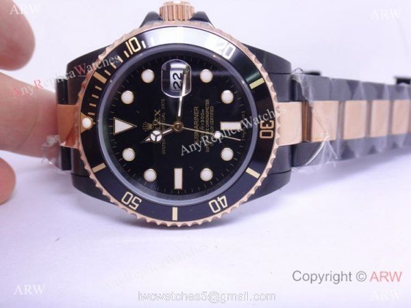 Solid Black Rolex Submariner 2 Tone Rose Gold Bracelet Men Watch