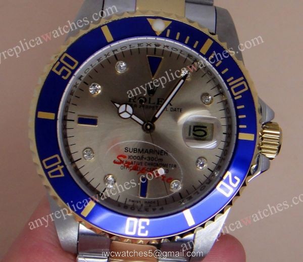 Classic Model Rolex 2-Tone Silver Diamond Face w/Blue Bezel Mens Watch