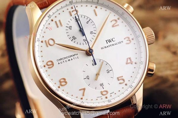 Fake IWC Portuguese Rose Gold Chronograph Watch Black Leather Band