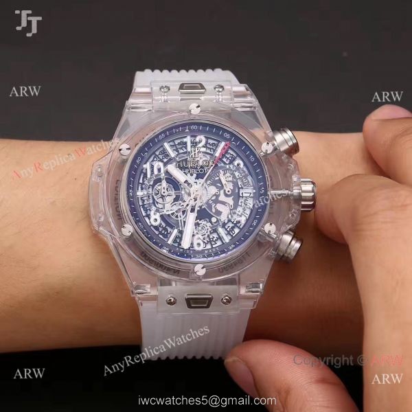 2018 Baselworld Hublot Unico Sapphire Replica White Rubber All Transparent Case Hublot Big Bang Watch