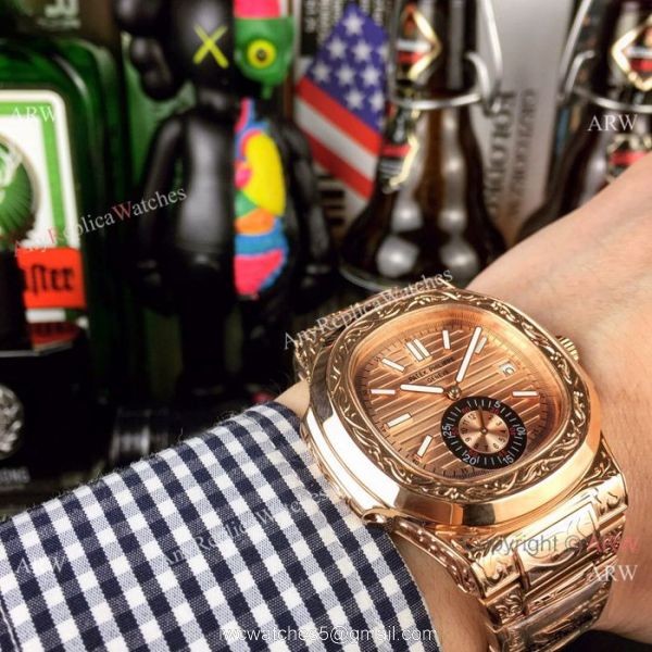 New Copy Patek Philippe Engraving Nautilus Rose Gold Dial Men Wristwatch
