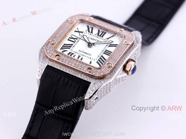 Iced Out Cartier Santos Automatic Watch Replica Two Tone Rose Gold