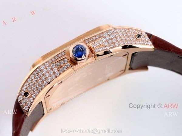 Iced Out Cartier Santos Diamond Watch Automatic Brown Leather Strap