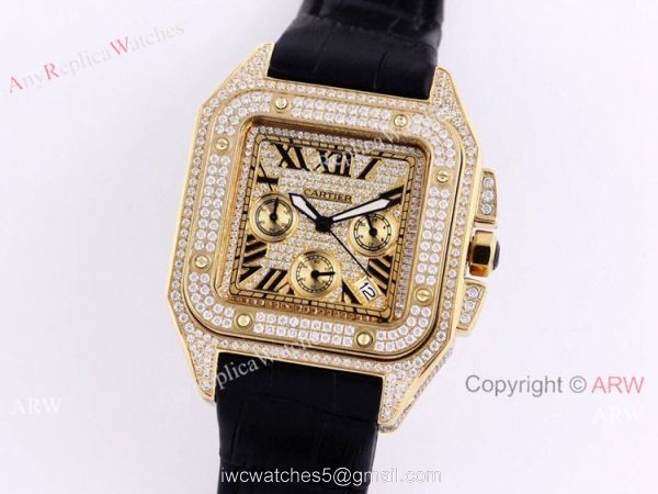 Knockoff Cartier Santos De Chronograph Iced Out Watch 45mm Men