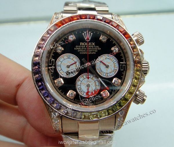Replica Rolex Daytona Rainbow Watch Rose Gold Diamond Bezel Sapphire glass