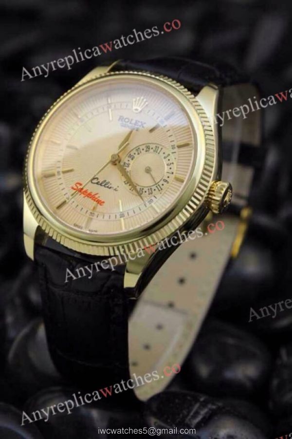Rolex Geneve Cellini Date Watch Replica Rose Gold White dial Brown Leather Strap