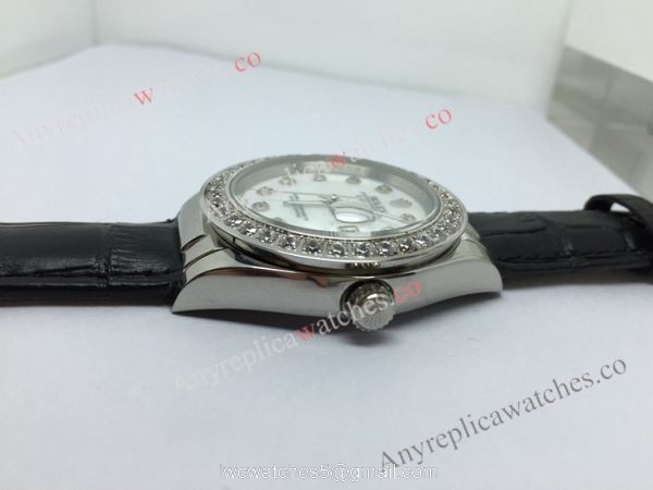Rolex White MOP Face Diamond Bezel Black Leather Band Watch