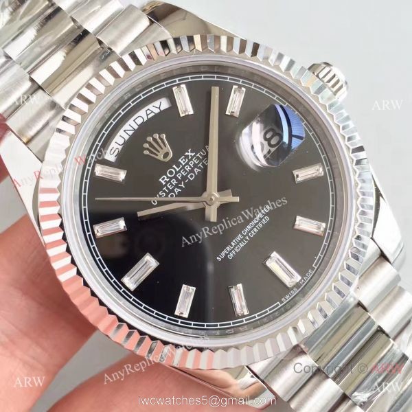 Rolex Day-Date II Watch Replica Stainless Steel Black Face Diamond Markers