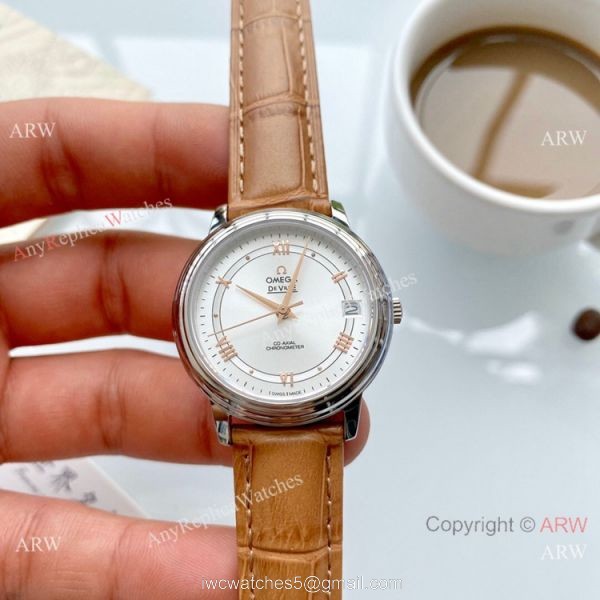 Clone Omega De Ville Prestige Ladies Watches Brown Leather Strap