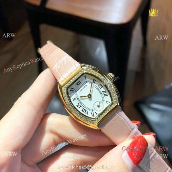 Low Price Cartier Rose Gold Gray Leather Band Ladies Watch 26mm