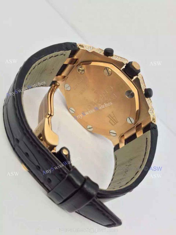 Replica Audemars Piguet Watch Rose Gold Case diamond dial diamond bezel Black Leather
