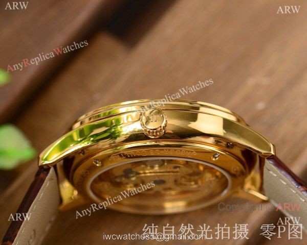 Jaeger-LeCoultre Yellow Gold Skeleton Copy Watch Brown Leather Strap