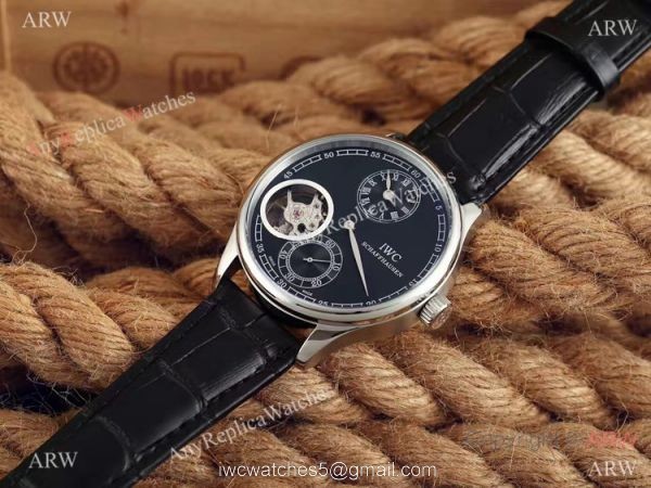 High Quality Replica IWC Tourbillon Portuguese SS Black Leather Watch
