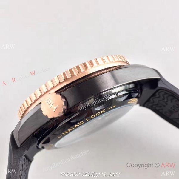 Swiss Replica Omega Seamaster Planet Ocean Deep Black GMT Ceramic Rose Gold Watch