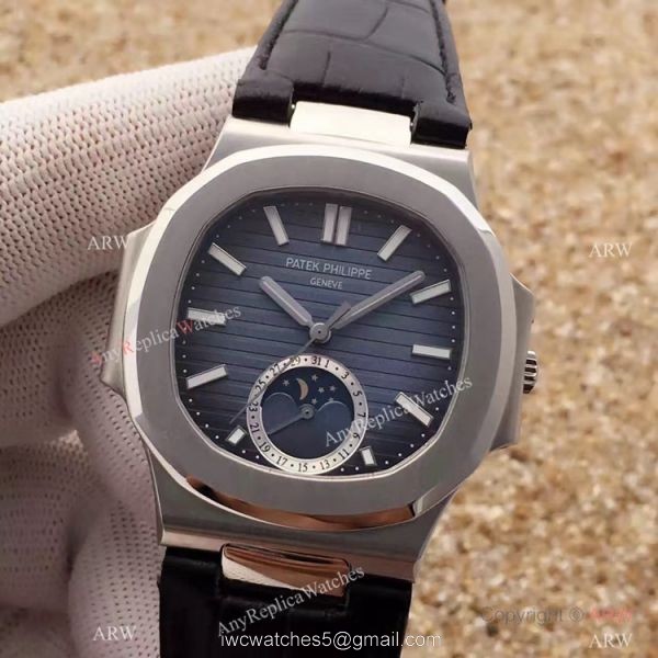 Swiss Grade 1 Patek Philippe Moonphase Replica Watch Nautilus Black Dial 40mm