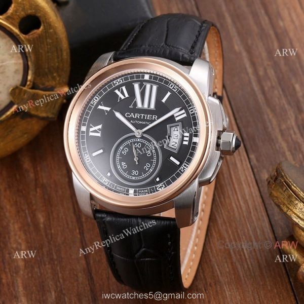 Replica Cartier Calibre de Cartier Men Watches SS Black Leather Strap