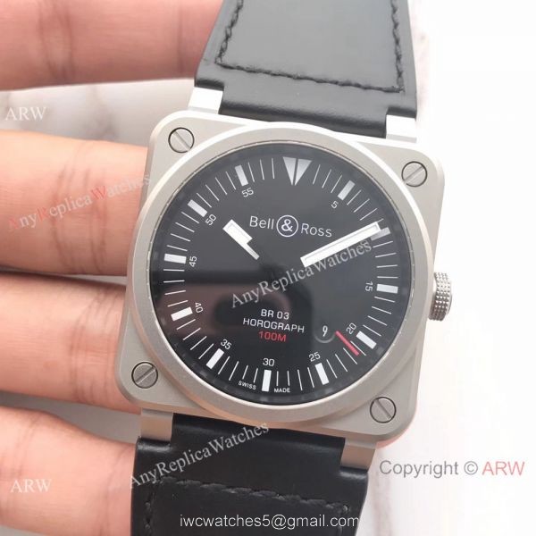 Swiss Fake Bell Ross BR03 100M Frosted Case watch Black Leather Band