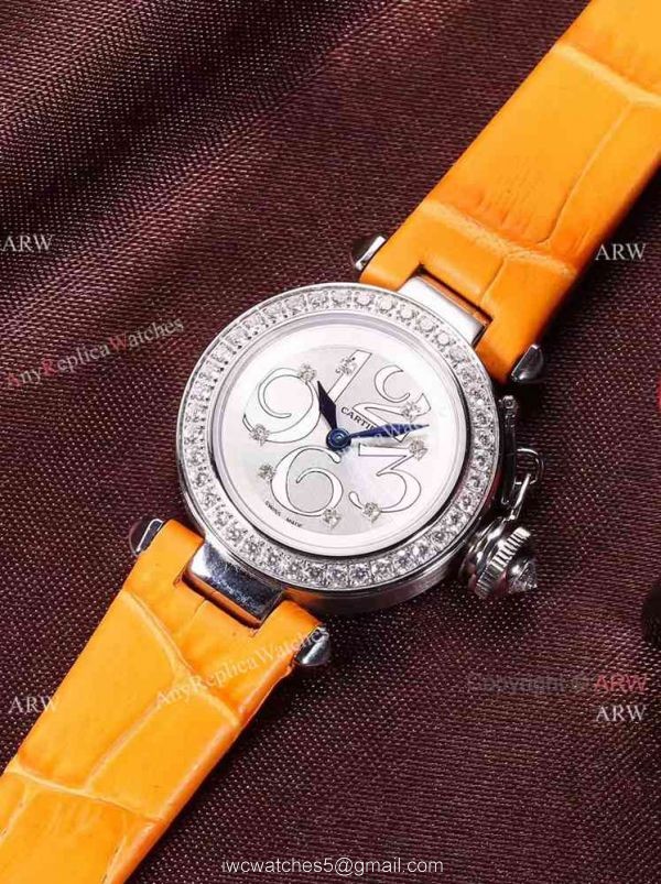 Replica Cartier Pasha SS Diamond Bezel Purple Strap Watch Ladies 28mm